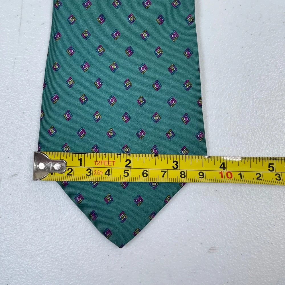 Vintage Geoffrey‎ Beene Necktie Tie Green Geometric Medallion Italian Silk USA